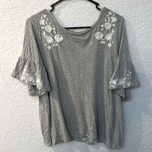 Gray Cotton Blouse with Floral Embroidered Pattern